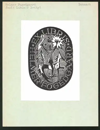 Exlibris von Lubomir Pribyl für Helmer Fogedgaard, Figur mit Pfau zu Pferd