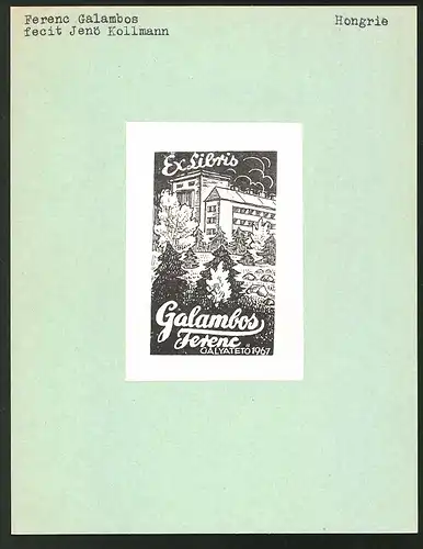 Exlibris von Jenö Kollmann für Ferenc Galambos, Galyatetö, Gebäudeansicht