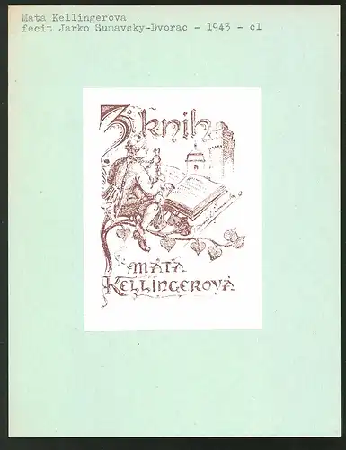 Exlibris von Jarko Sumavsky-Dvorac für Mata Kellingerova, Bursche sitzt im Baum und liest ein Buch