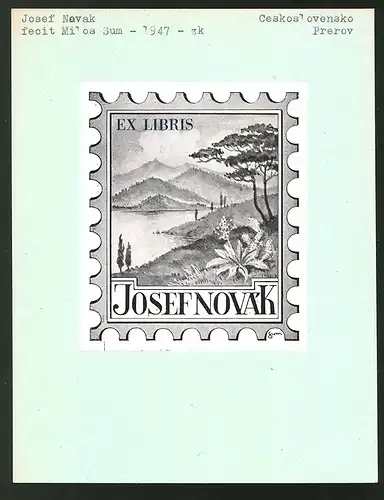 Exlibris von Milos Sum für Josef Novak, Landschaftspanorama