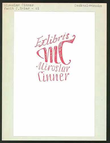 Exlibris von J. Solar für Miroslav Cinner, Initialien