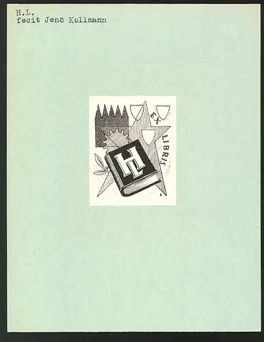Exlibris von Jenö Kollmann für H.L., Buch mit Initialien, Gebäude-Silhouette, Stern, Zahnrad & Lorbeerzweig