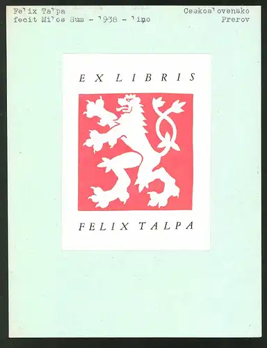 Exlibris von Milos Sum für Felix Talpa, Wappen mit Löwe