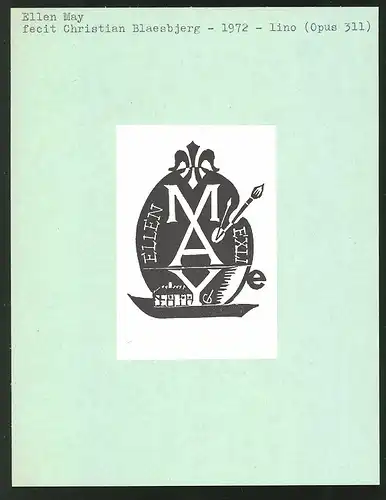 Exlibris von Christian Blaesbjerg für Ellen May, Mischpalette mit Pinsel und Initialien