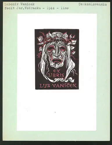 Exlibris von Jar. Vodrazka für Lubomir Vanicek, Maske mit Dornenkrone