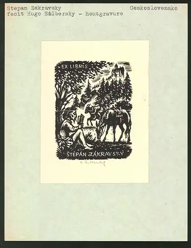 Exlibris von Hugo Silbersky für Stepan Zakravsky, Mann unter Baum sitzend liest ein Buch, Pferde