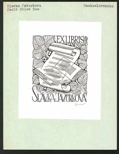 Exlibris von Milos Sum für Slavka Javurkova, Buch, Notenzeilen & Blätter