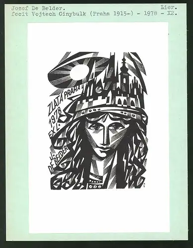 Exlibris von Vojtech Cinybulk für Jozef De Belder, Mädchen mit Hut aus Gebäuden