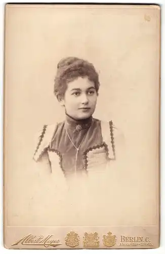 Fotografie Albert Meyer, Berlin, Portrait brünette junge Schönheit mit Brosche in eleganter bestickter Bluse