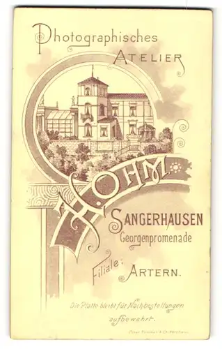 Fotografie H. Ohm, Sangerhausen, Ansicht rückseitig Sangerhausen, Atelier Georgenpromenade, vorderseitig Portrait