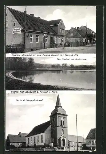 AK Klessen, Gasthof "Strandwiese", Inh. August Siebert, See Ansicht mit Badestrand, Kirche & Kriegerdenkmal
