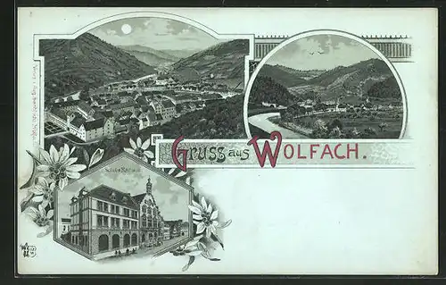 Mondschein-Lithographie Wolfach, Schul-Rathaus, Ortsansichten aus der Vogelschau