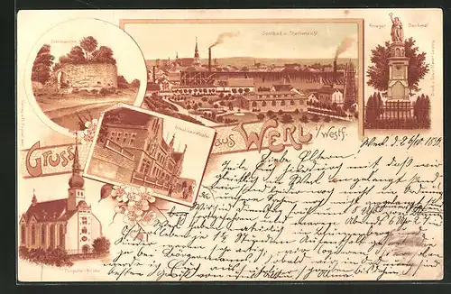 Lithographie Werl i. Westf., Schlossruine, Ursulinen-Kloster, Propstei-Kirche, Krieger-Denkmal, Soolbad & Stadtansicht