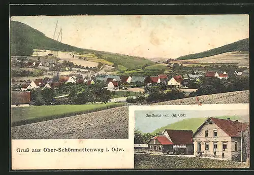 AK Ober-Schönmattenwag i. Odw., Gasthaus von Gg. Gölz, Blick auf das Dorf
