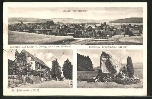 AK Harriehausen / Harz, Gasthaus "Zur Linde", Inh. Hans Schmidts, Ehrenmal, Granitfindling, Ansicht vom Bahnhof