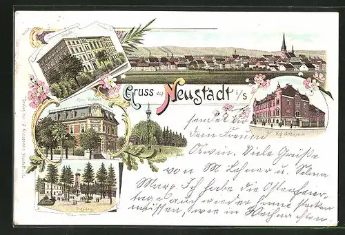 Lithographie Neustadt i. S., Totalansicht, Schule, Kais. Postamt, Ungerberg, Kgl. Amtsgericht, Götzinger Höhe