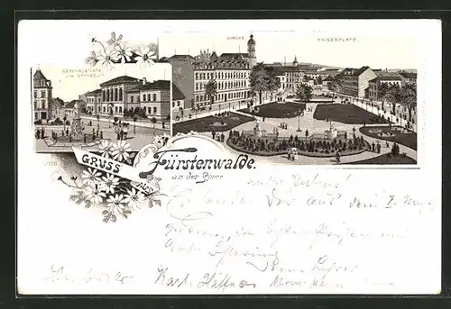 Lithographie Fürstenwalde an der Spree, Denkmalsplatz & Gymnasium, Kirche, Kaiserplatz