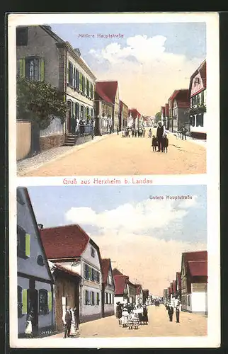 AK Herxheim b. Landau, Blick auf die mittlere Hauptstrasse und untere Hauptstrasse