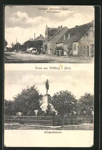 AK Wildberg i. Mark., Gasthaus "Deutsches Haus" von Ernst Stahlbaum, Kriegerdenkmal