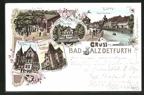 Lithographie Bad Salzdetfurth, Haupt-Strasse, Villa Thiel, Kur-Saal und Kinder Heil Anstalt