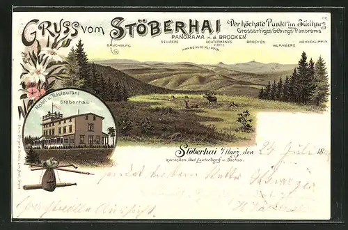 Lithographie Wieda, Gasthaus Stöberhai, Panoramablick auf die umliegenden Gipfel mit Bruchberg, Rehberg u. Brocken