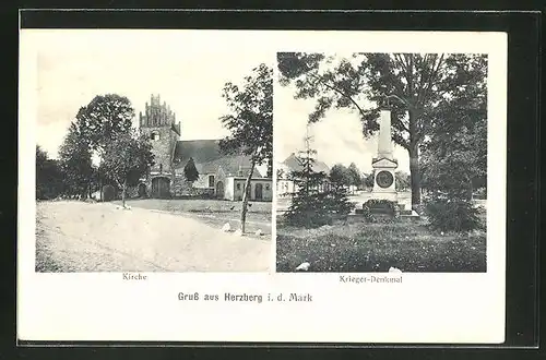 AK Herzberg / Mark, Blick auf Kirche und Kriegerdenkmal