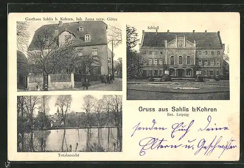 AK Sahlis b. Kohren, Blick auf das Gasthaus Inhaber Anna verw. Götze, Schloss, Totalansicht