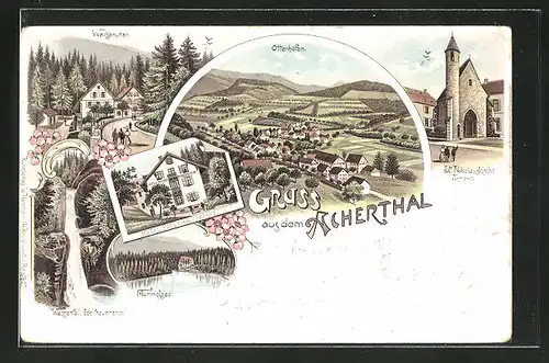 Lithographie Ottenhöfen, Hotel Edelfrauengrab, Wolfsbrunnen, Mummelsee