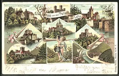 Lithographie Diez, Panorama, Schloss Weilburg, Limburg & Burg Langenau