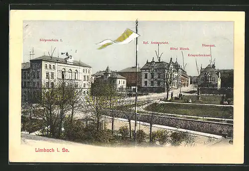 AK Limbach i. Sa., Bürgerschule I., Kgl. Amtsgericht, Hotel Hirsch, Kriegerdenkmal, Diaconat