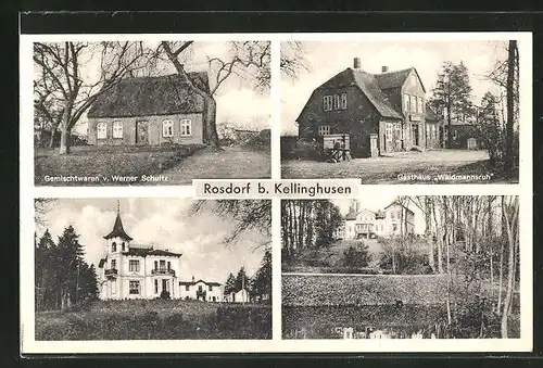 AK Rosdorf, Gemischtwaren von Werner Schultz, Gasthaus "Waidmannsruh", Gebäudeansicht, Teich