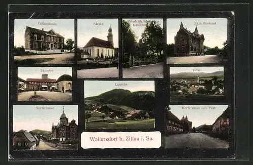 AK Waltersdorf i. Sa., Panorama, Kirche, Dorfstrasse, Volksschule und Lauscha