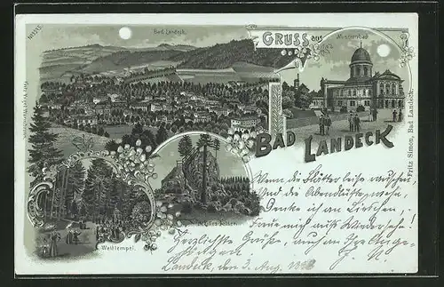 Mondschein-Lithographie Bad Landeck, Totalansicht, Marienbad, Waldtempel