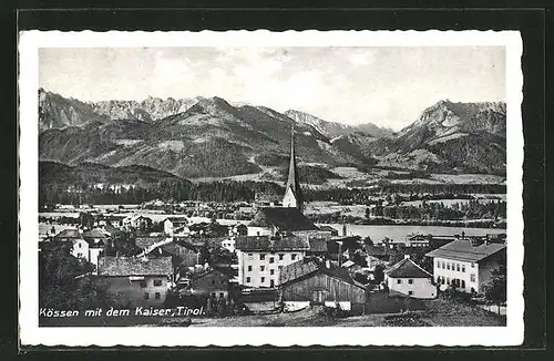 AK Kössen, Ortsansicht mit dem Kaiser und Kirche