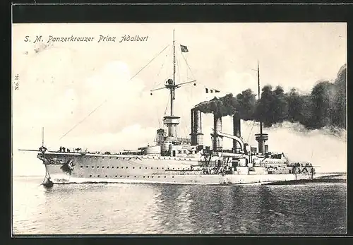 AK Kriegsschiff SM Panzerkreuzer Prinz Adalbert mit rauchenden Schloten