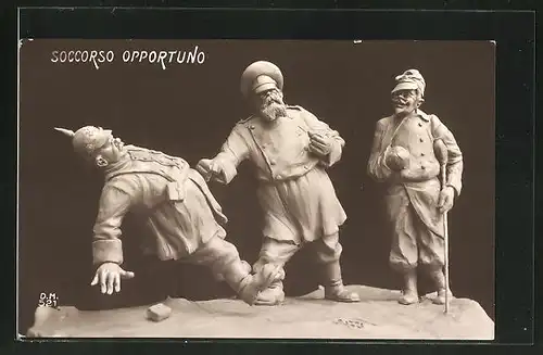 AK Soccorso Opportuno, Karikatur von Nikolaus II. von Russland der einen Soldaten mit Pickelhaube schlägt