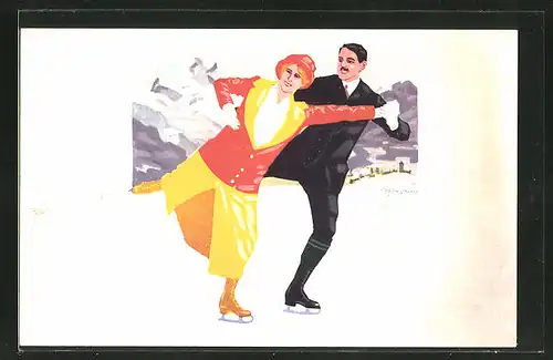 Künstler-AK sign.I. Eschbach: St. Moritz, junges Paar beim Eislaufen