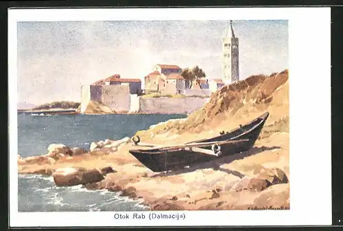 Künstler-AK Edo v. Handel-Mazzetti: Otok Rab, Blick zur Stadt, Dalmacija