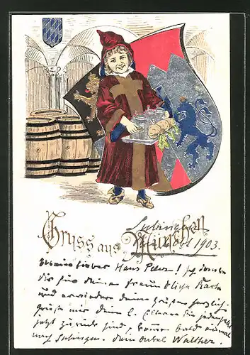 Präge-Lithographie Münchner Kindl, Motiv mit Wappen