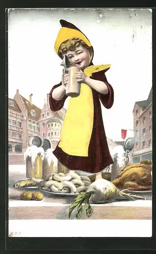 Präge-AK Münchner Kindl mit Bier, Weisswurst und Radi