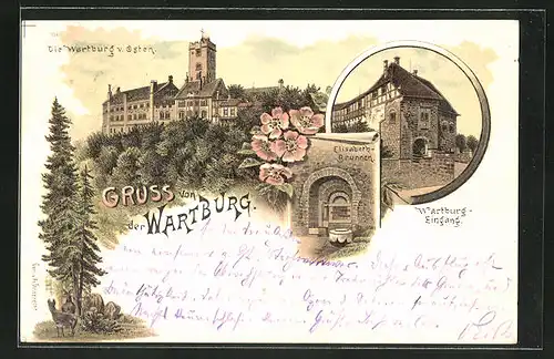 Lithographie Wartburg, Blick auf die Burg, den Eingang und den Elisabeth-Brunnen