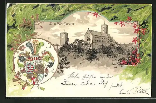 Passepartout-Lithographie Eisenach, Blick auf die Wartburg, Wappen
