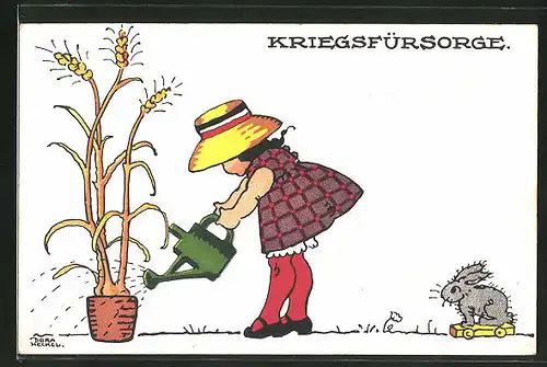 Künstler-AK Dora Heckel: Mädchen giesst das Getreide im Blumentopf