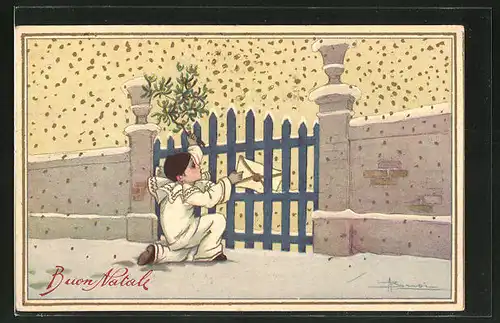 Künstler-AK Adolfo Busi: Kleiner Pierrot steckt einen Brief durch den Gartenzaun