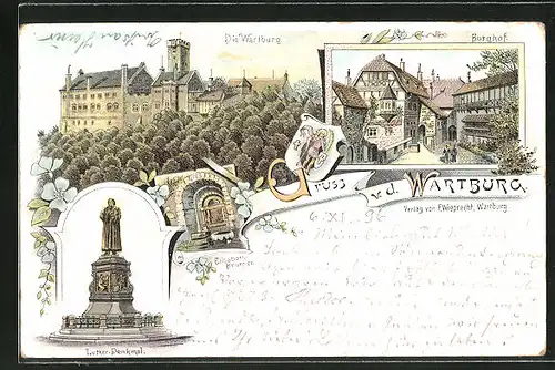 Lithographie Wartburg, Burghof, Elisabeth-Brunnen, Luther-Denkmal