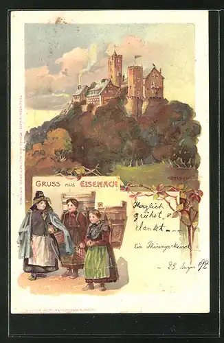 AK Eisenach, Blick zur Wartburg mit Mädchen mit Kiepen