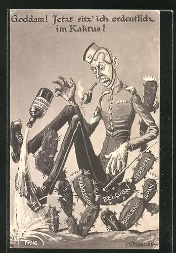 Künstler-AK Friedrich Kaskeline: Propaganda 1. Weltkrieg, "Goddam! Jetzt sitz' ich ordentlich im Kaktus!"