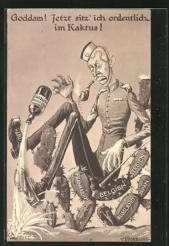 Künstler-AK Friedrich Kaskeline: Propaganda 1. Weltkrieg, "Goddam! Jetzt sitz' ich ordentlcih im Kaktus!"