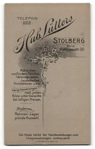 Fotografie H. Lütters, Stolberg, Portrait junger Herr mit zeitgenöss. Frisur
