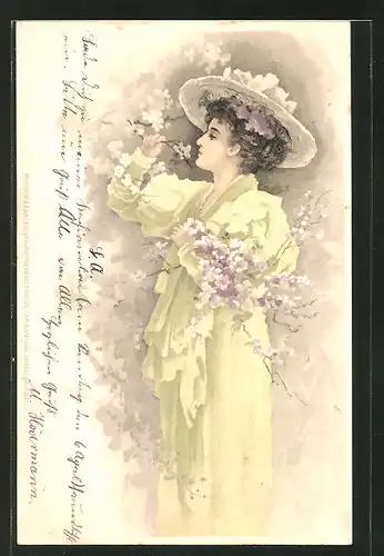 Lithographie Frau mit Hut duftet an den Blütenzweigen, Jugendstil